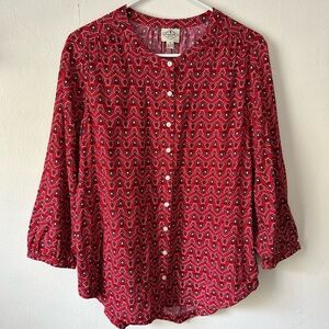 St. John's Bay Peasant Boho Top Red Floral 3/4 Sleeve Button Front